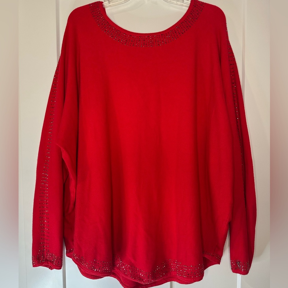 Oliver Holiday Red Sweater Black Sparkle Beads Size 2X Soft And Cozy‎